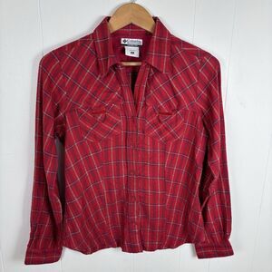 Columbia Red‎ Plaid Flannel Women's Small Button Shirt Pockets Cotton V Neck